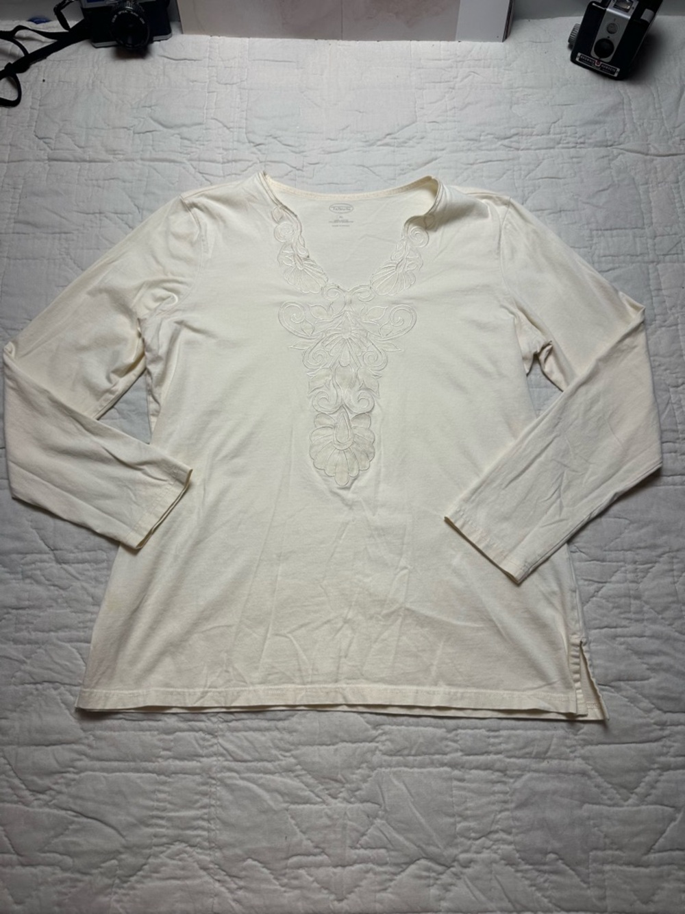 Talbots XL Ivory Embroidered Floral V Neck Cotton Top Tonal Cottagecore